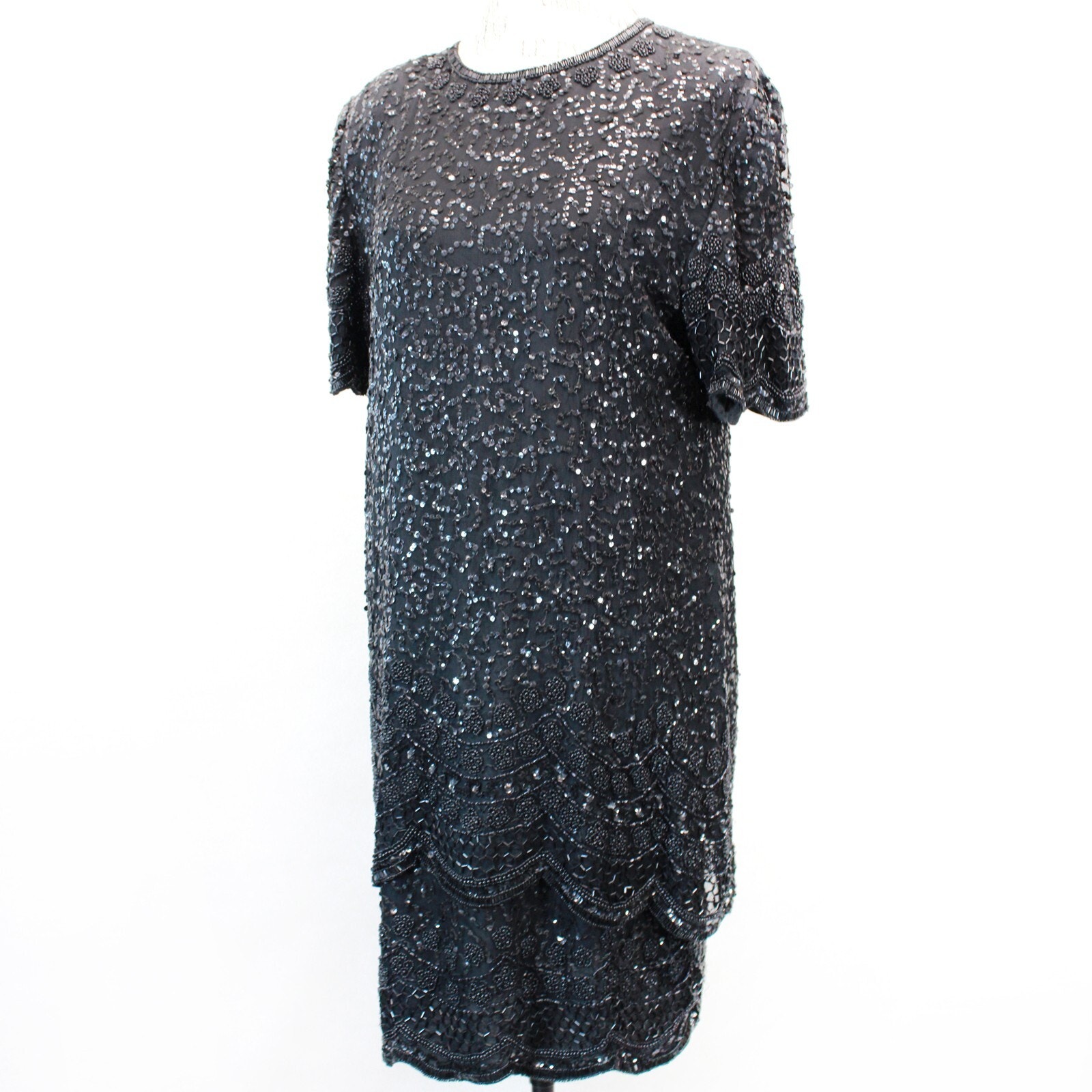 Lauren Kazar Great Gatsby Vintage 80's Silk Chiffon Beaded Evening Dress Medium